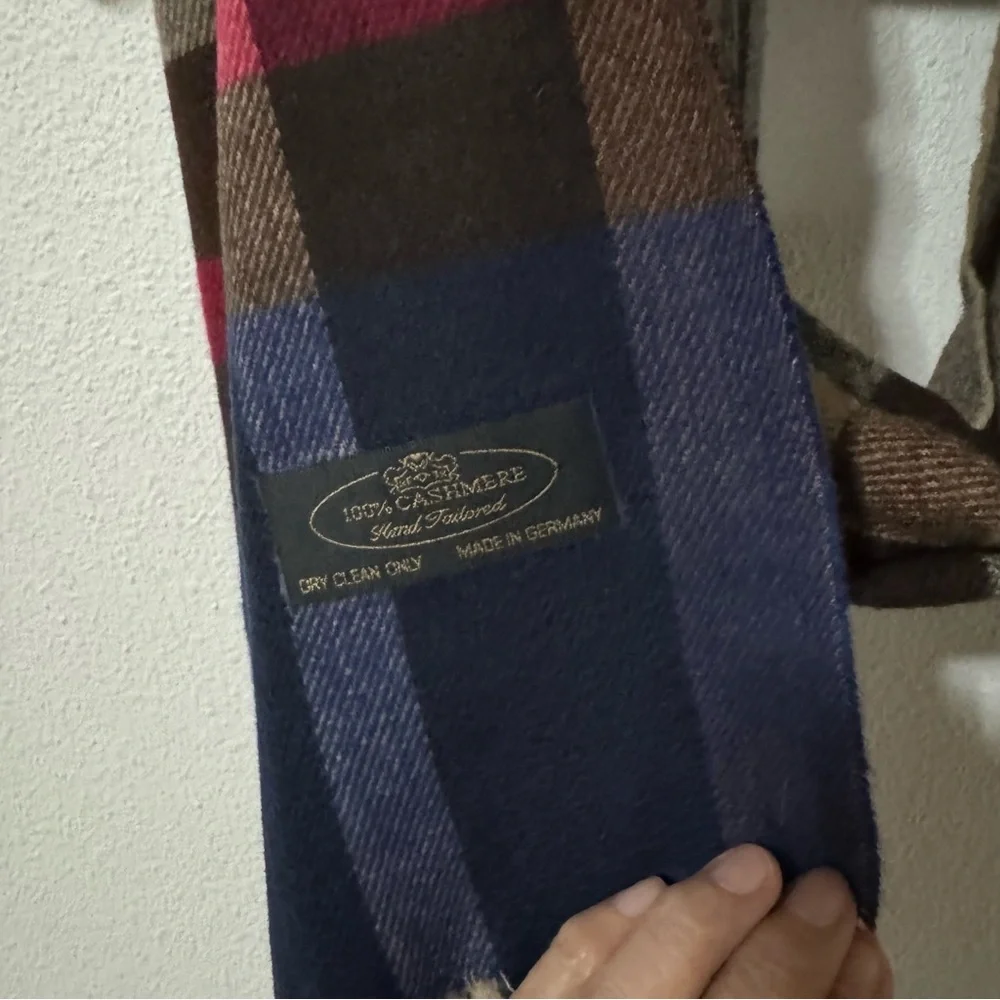 Cashmere Fringe Scarf Blue Tan Black Red Plaid Made in Germany-64x12”